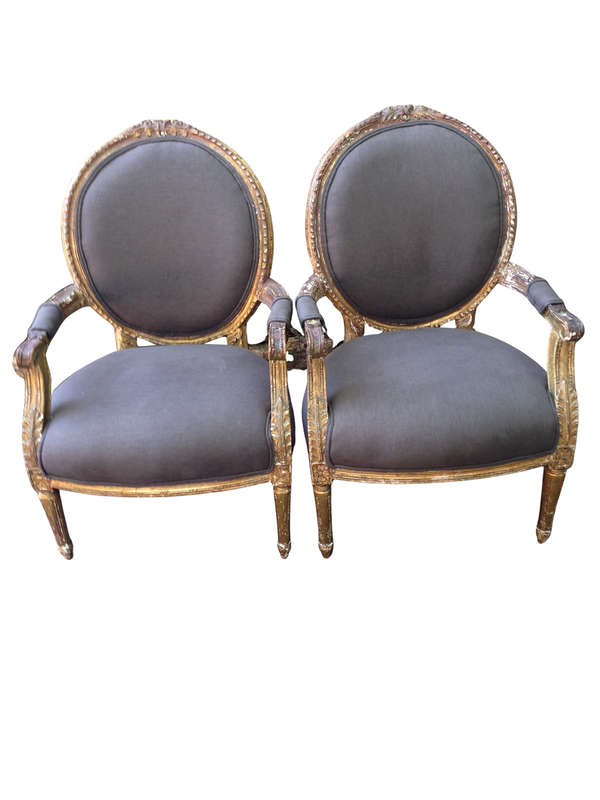 Pair of Antique Ornately Carved Gilded Baroque Style King Louis XV Medallion Armchairs  