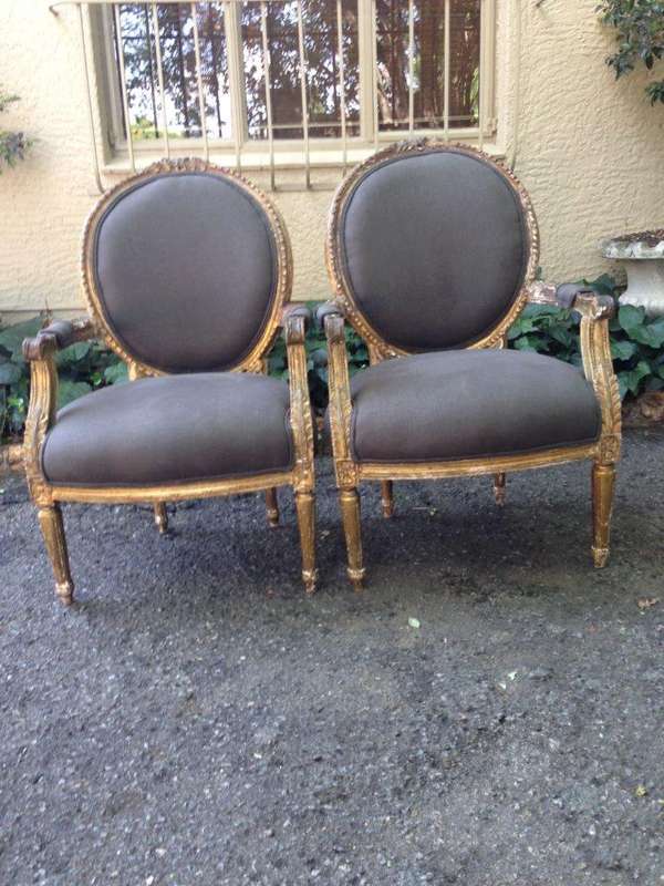 Pair of Antique Ornately Carved Gilded Baroque Style King Louis XV Medallion Armchairs  