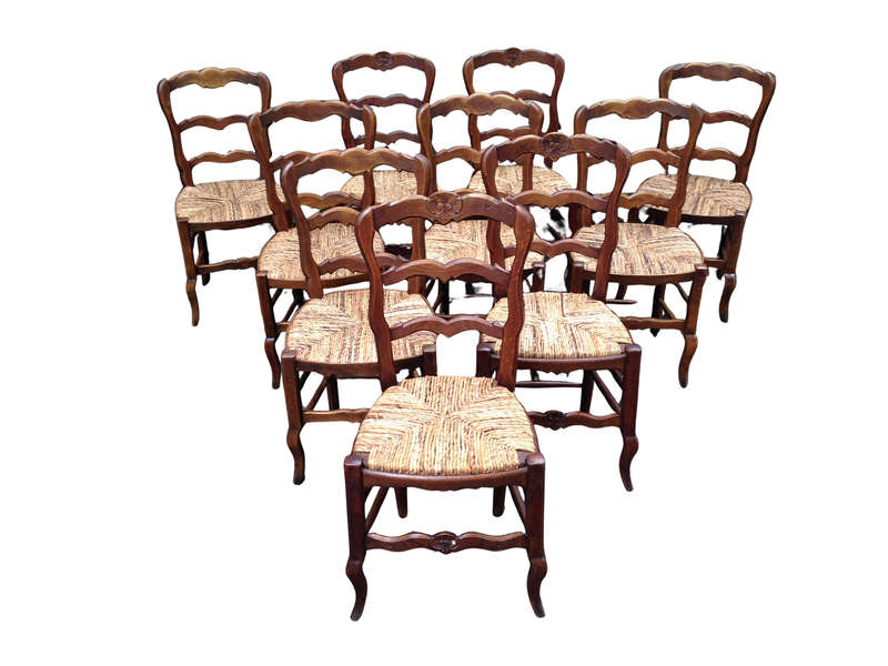 A Set Of Ten (10) French Beechwood Ladderback Chairs with upholstered Seagrass Seats