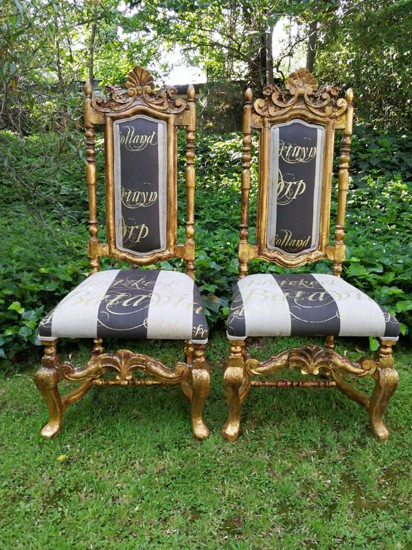 A Pair off Carved Throne Chairs Hand Gilded with Gold Leaf and Upholstered in a Handmade Linen Sc...