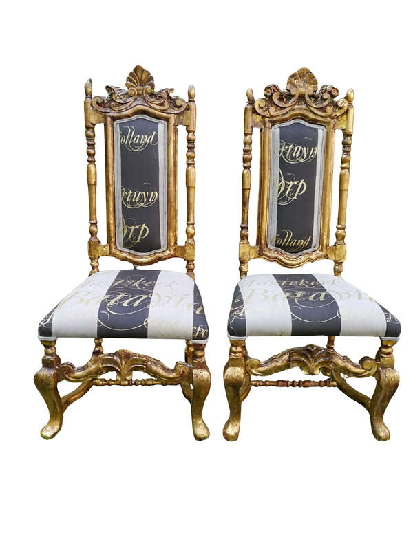 A Pair off Carved Throne Chairs Hand Gilded with Gold Leaf and Upholstered in a Handmade Linen Sc...