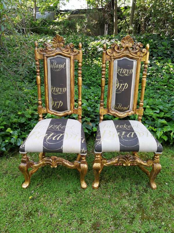 A Pair off Carved Throne Chairs Hand Gilded with Gold Leaf and Upholstered in a Handmade Linen Sc...