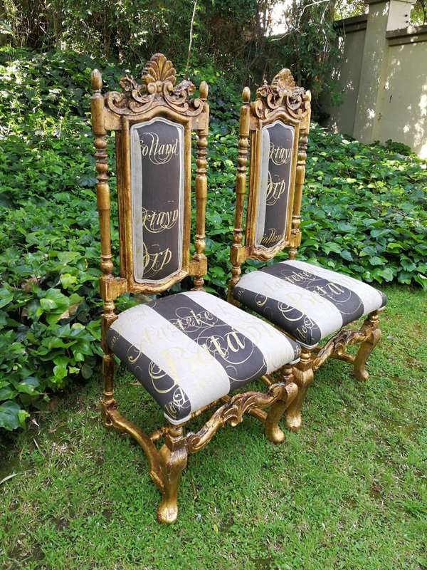 A Pair off Carved Throne Chairs Hand Gilded with Gold Leaf and Upholstered in a Handmade Linen Sc...