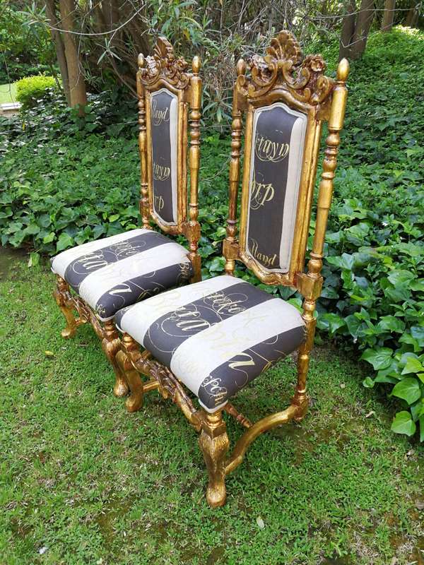 A Pair off Carved Throne Chairs Hand Gilded with Gold Leaf and Upholstered in a Handmade Linen Sc...