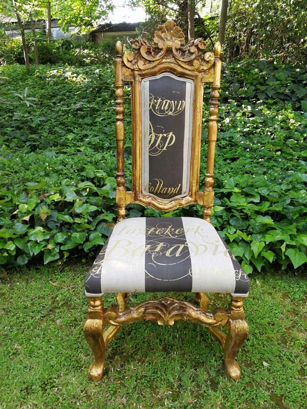 A Pair off Carved Throne Chairs Hand Gilded with Gold Leaf and Upholstered in a Handmade Linen Sc...