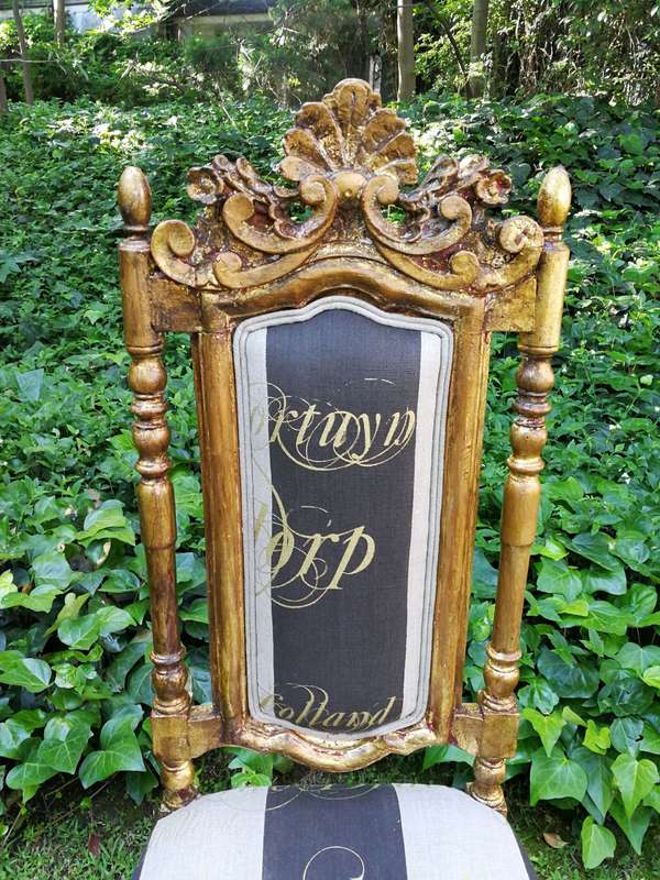 A Pair off Carved Throne Chairs Hand Gilded with Gold Leaf and Upholstered in a Handmade Linen Sc...