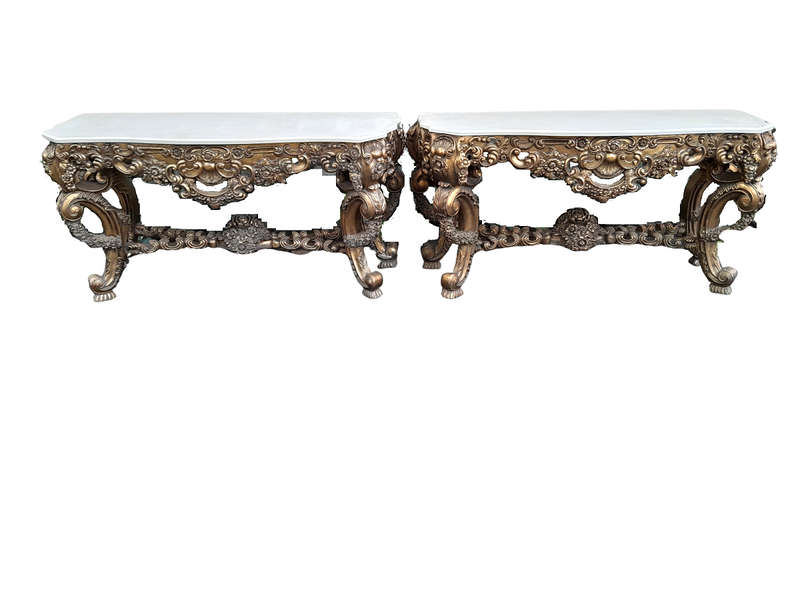Pair Louis XVI style moulded and gilded Console / Hall Tables, with moulded serpentine fronted gr...