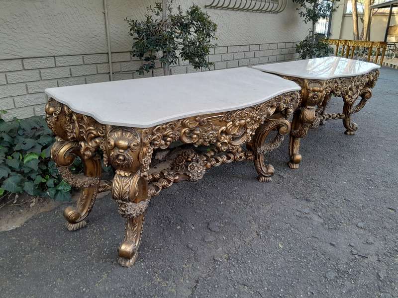 Pair Louis XVI style moulded and gilded Console / Hall Tables, with moulded serpentine fronted gr...
