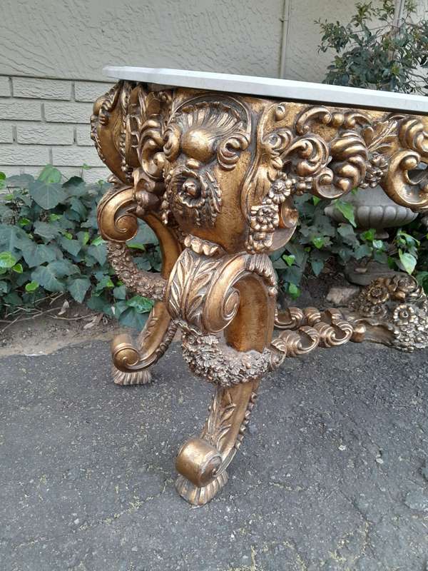 Pair Louis XVI style moulded and gilded Console / Hall Tables, with moulded serpentine fronted gr...