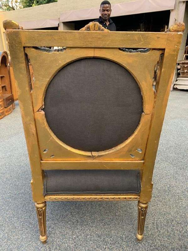 A 20th Century Pair (over 80 years old) of French Style Ornately Carved and Gilded Arm Chairs Uph...