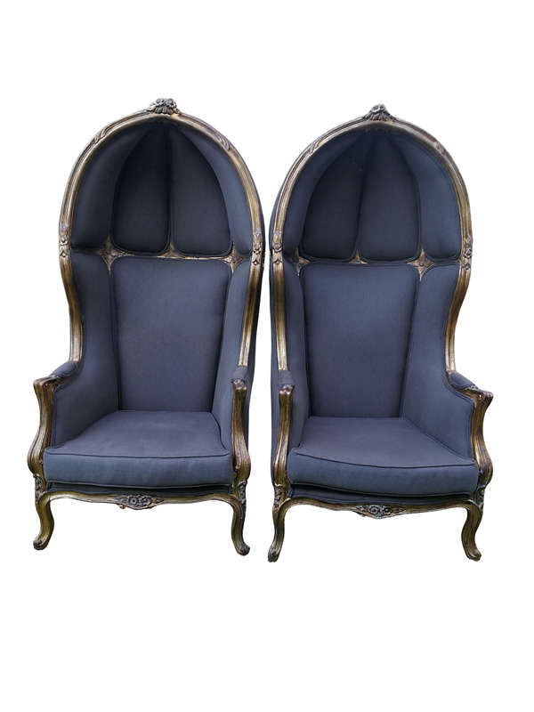 A Pair Of French Style Hand Gilded Dome Chairs Upholstered in a Contemporary Charcoal Linen