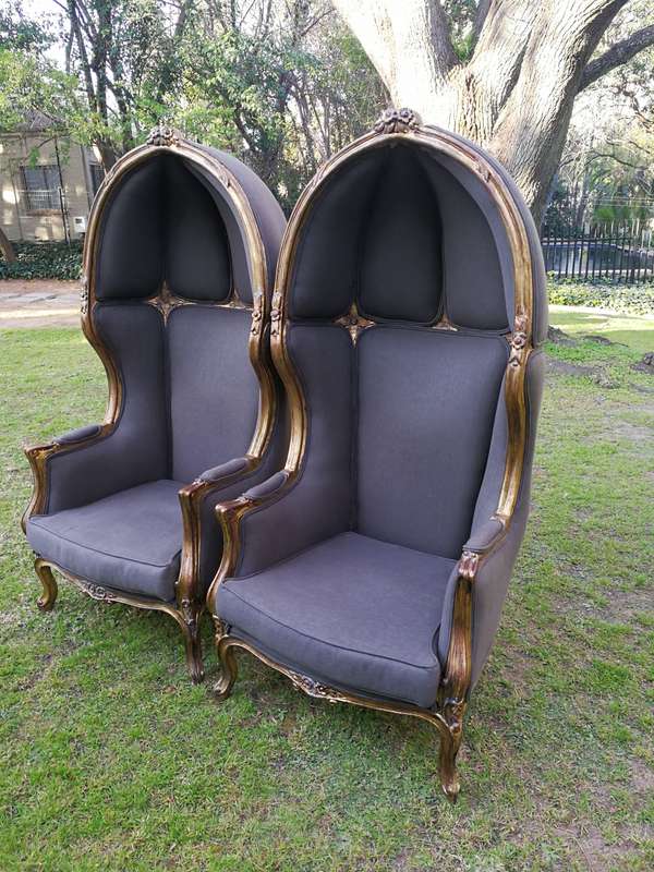 A Pair Of French Style Hand Gilded Dome Chairs Upholstered in a Contemporary Charcoal Linen