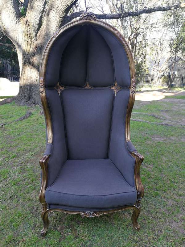 A Pair Of French Style Hand Gilded Dome Chairs Upholstered in a Contemporary Charcoal Linen