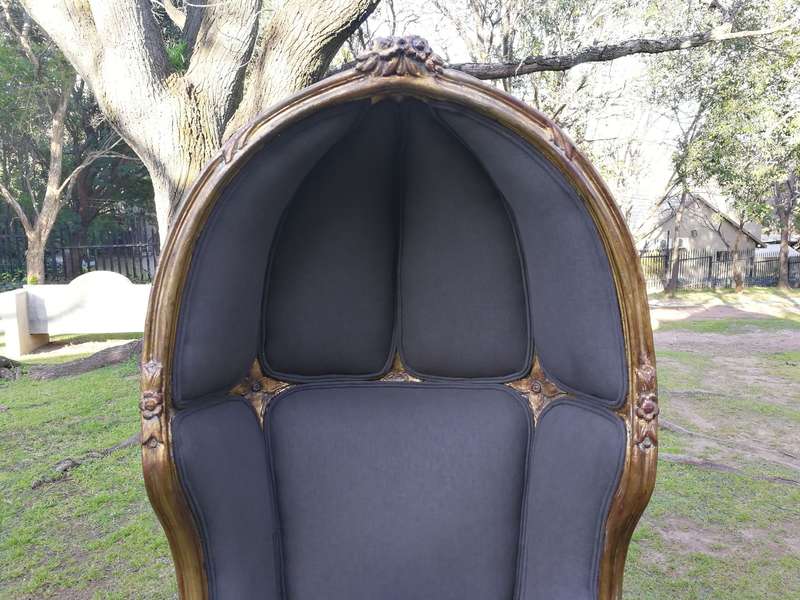 A Pair Of French Style Hand Gilded Dome Chairs Upholstered in a Contemporary Charcoal Linen