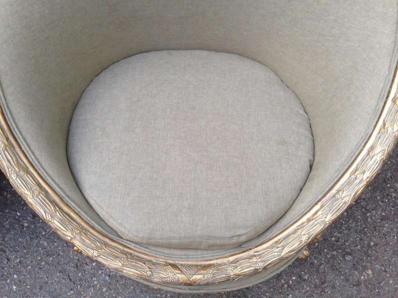 A Pair of French Empire Style Carved and Gilded Arm / Tub / Bergere Chairs Upholstered in an Impo...