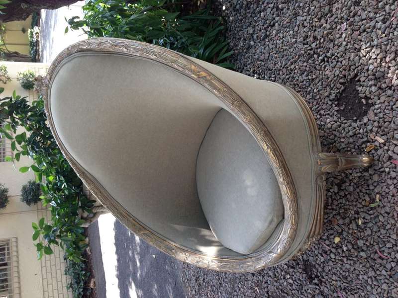 A Pair of French Empire Style Carved and Gilded Arm / Tub / Bergere Chairs Upholstered in an Impo...