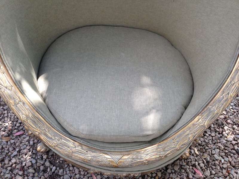A Pair of French Empire Style Carved and Gilded Arm / Tub / Bergere Chairs Upholstered in an Impo...