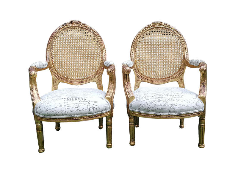 A Pair Of French Style Carved and Gilded Rattan Back Armchairs Upholstered in an Imported Fabric ...