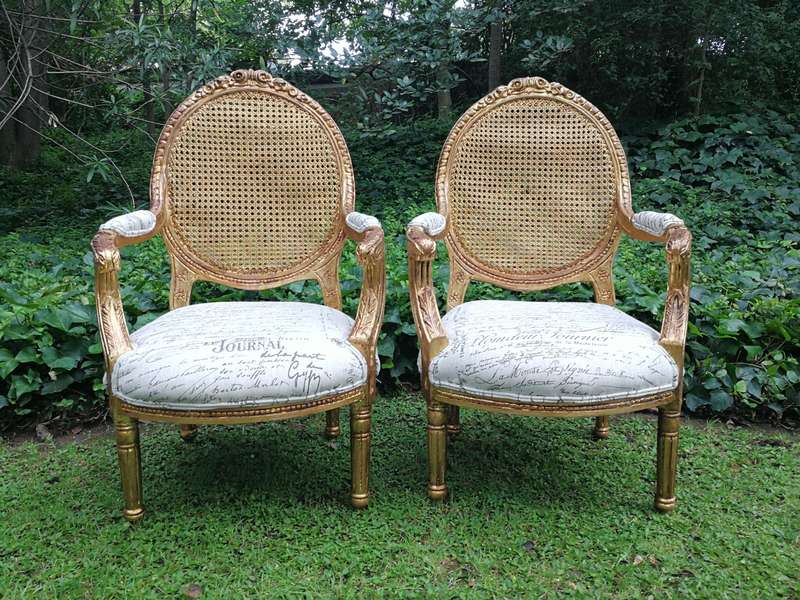 A Pair Of French Style Carved and Gilded Rattan Back Armchairs Upholstered in an Imported Fabric ...