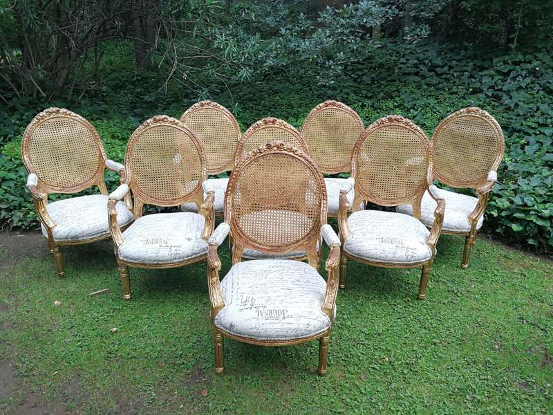 A Pair Of French Style Carved and Gilded Rattan Back Armchairs Upholstered in an Imported Fabric ...