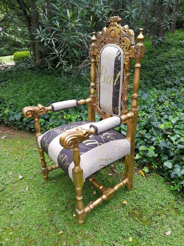 Pair of 19th Century carved teak and gilded in gold leaf open arm throne chairs         ...