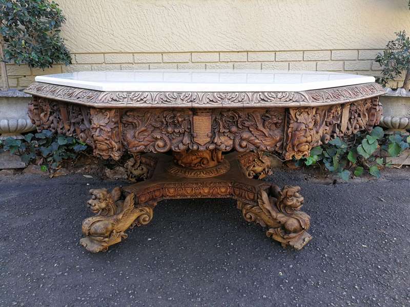 Magnificent and rare ornately carved R J Horner octagonal Bleached / Natural entrance/foyer table...