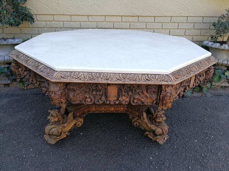 Magnificent and rare ornately carved R J Horner octagonal Bleached / Natural entrance/foyer table...
