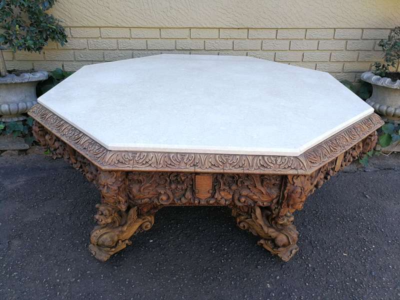 Magnificent and rare ornately carved R J Horner octagonal Bleached / Natural entrance/foyer table...