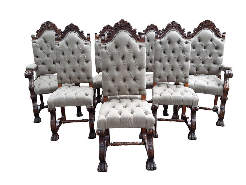 A Set of 8 Antique/Vintage Dining Chairs (2 carvers and 6 dining chairs)upholstered imported Engl...