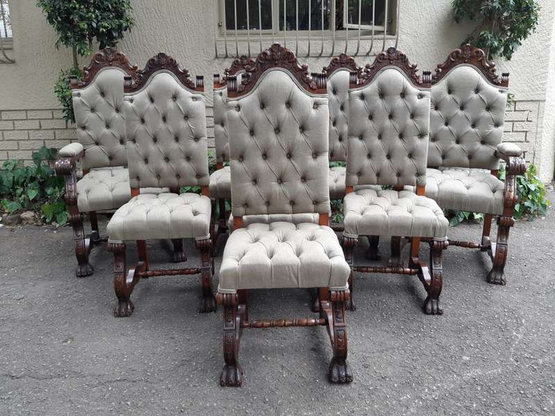 A Set of 8 Antique/Vintage Dining Chairs (2 carvers and 6 dining chairs)upholstered imported Engl...