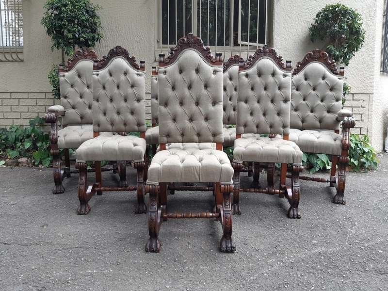 A Set of 8 Antique/Vintage Dining Chairs (2 carvers and 6 dining chairs)upholstered imported Engl...