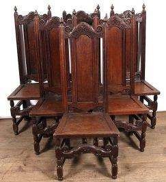 Set of 6 Tudor style oak high back chairs
