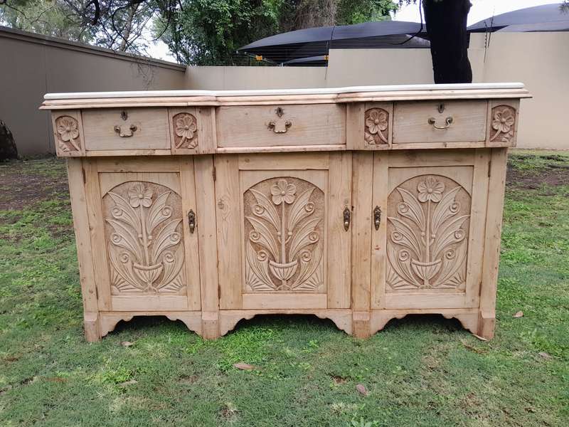 An Antique Victorian Carved Oak Sideboard / Server in a Contemporary Bleached Finish with a Cream...