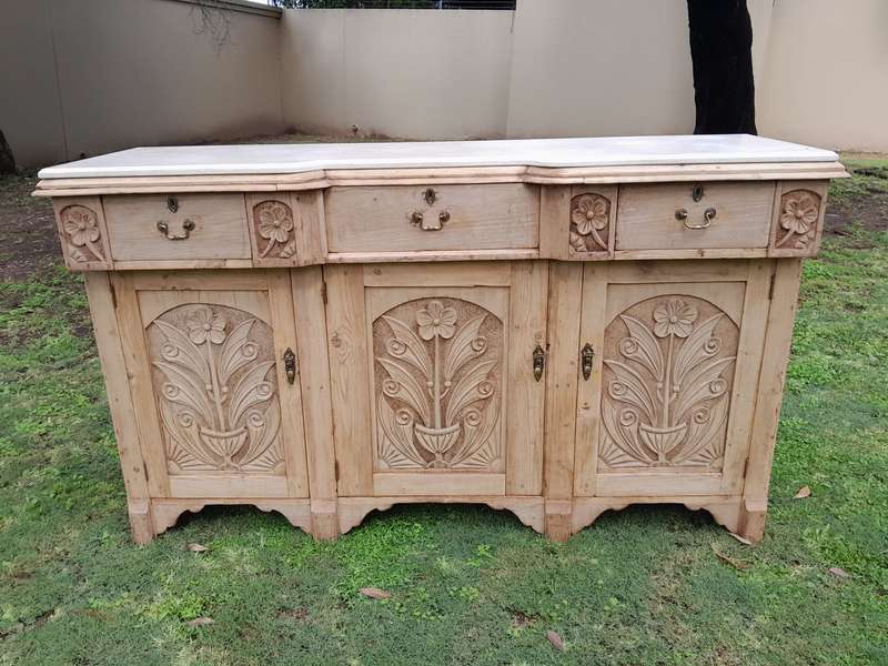An Antique Victorian Carved Oak Sideboard / Server in a Contemporary Bleached Finish with a Cream...
