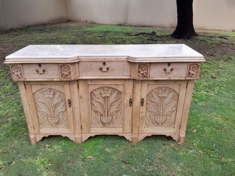 An Antique Victorian Carved Oak Sideboard / Server in a Contemporary Bleached Finish with a Cream...