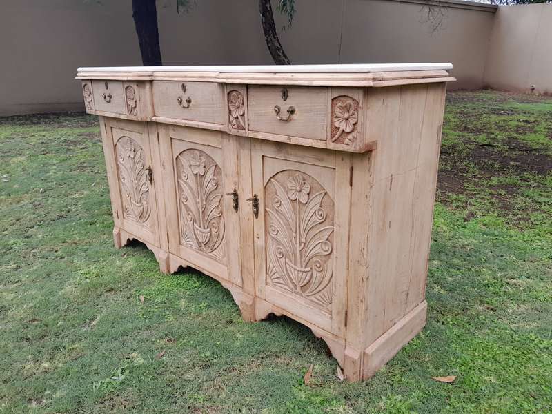 An Antique Victorian Carved Oak Sideboard / Server in a Contemporary Bleached Finish with a Cream...