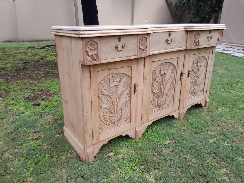 An Antique Victorian Carved Oak Sideboard / Server in a Contemporary Bleached Finish with a Cream...