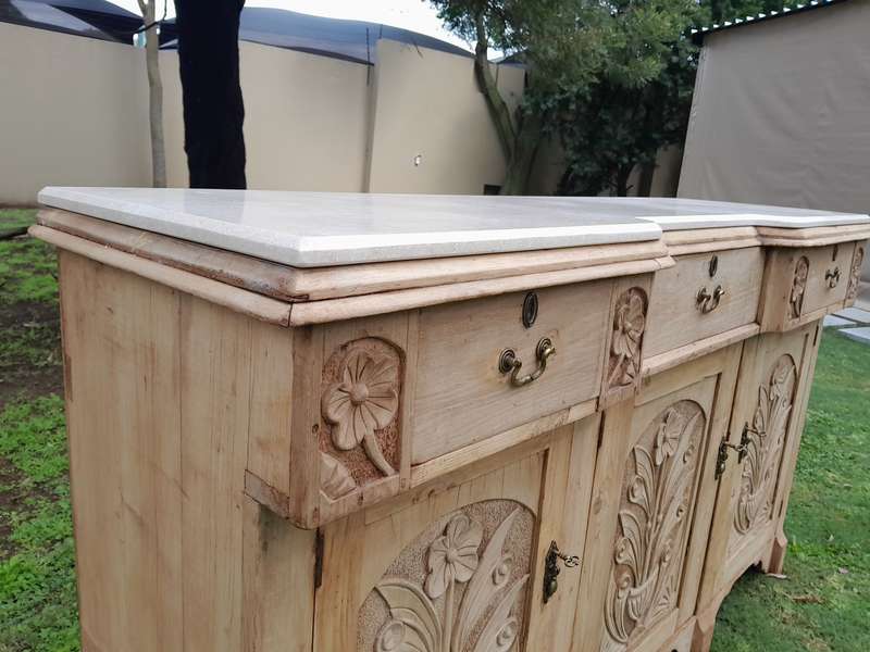 An Antique Victorian Carved Oak Sideboard / Server in a Contemporary Bleached Finish with a Cream...
