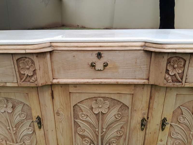 An Antique Victorian Carved Oak Sideboard / Server in a Contemporary Bleached Finish with a Cream...