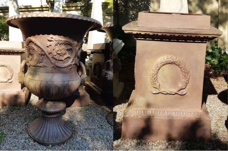20TH Century French Set of Five Massive Cast Iron Urns on Plinths