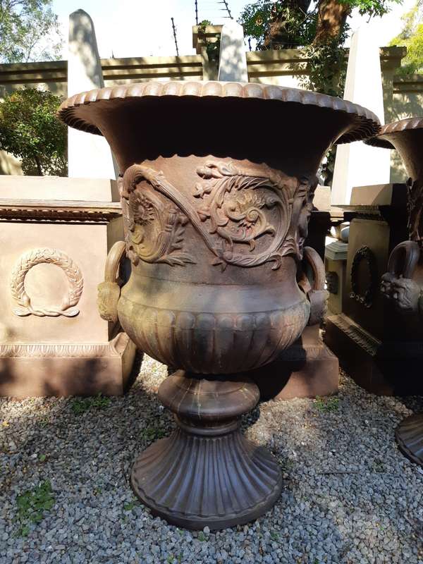 20TH Century French Set of Five Massive Cast Iron Urns on Plinths