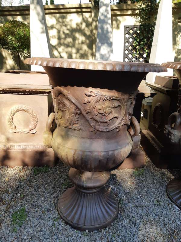 20TH Century French Set of Five Massive Cast Iron Urns on Plinths