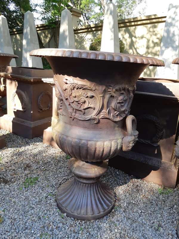20TH Century French Set of Five Massive Cast Iron Urns on Plinths