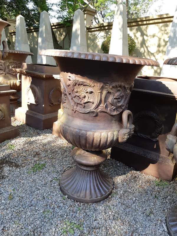 20TH Century French Set of Five Massive Cast Iron Urns on Plinths