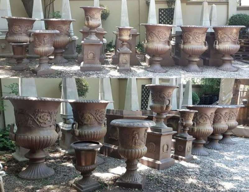 20TH Century French Set of Five Massive Cast Iron Urns on Plinths