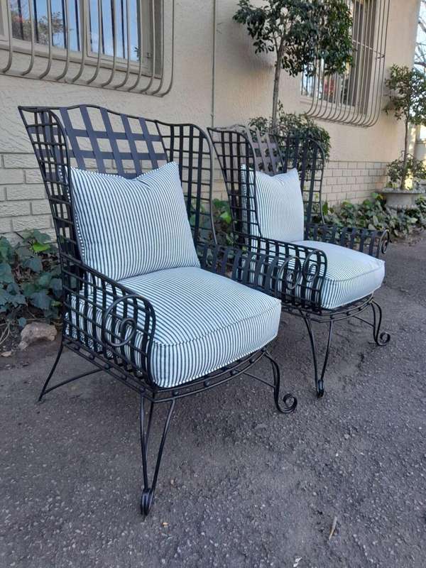 A Pair of Custom-Made Heavy Wrought Iron Highly decorative Wrought Iron Armchairs With Ticking Cu...