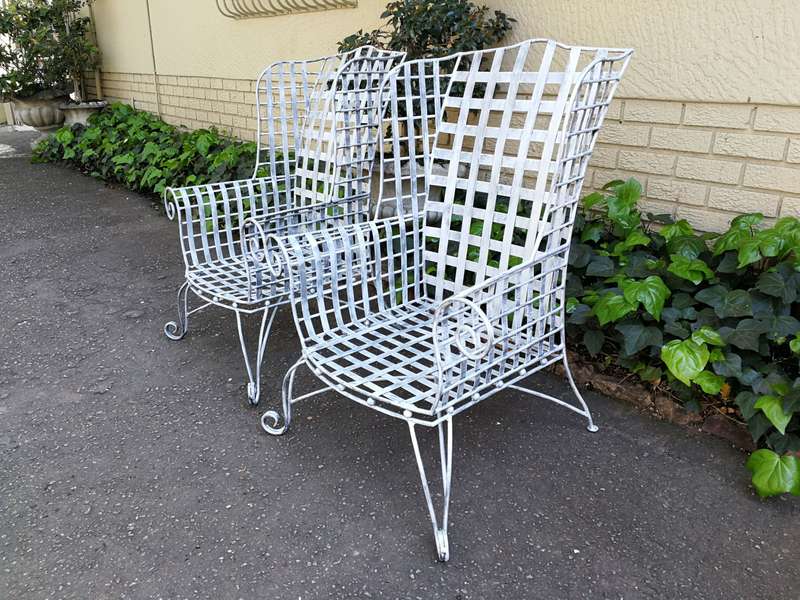 A Pair Of Custom-Made Heavy Wrought Iron Armchairs In a Painted Silver Antique Finish