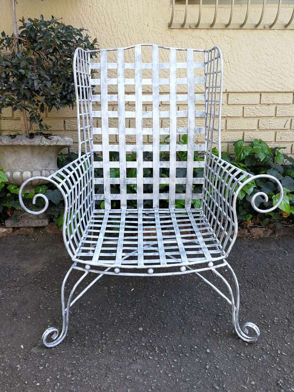 A Pair Of Custom-Made Heavy Wrought Iron Armchairs In a Painted Silver Antique Finish