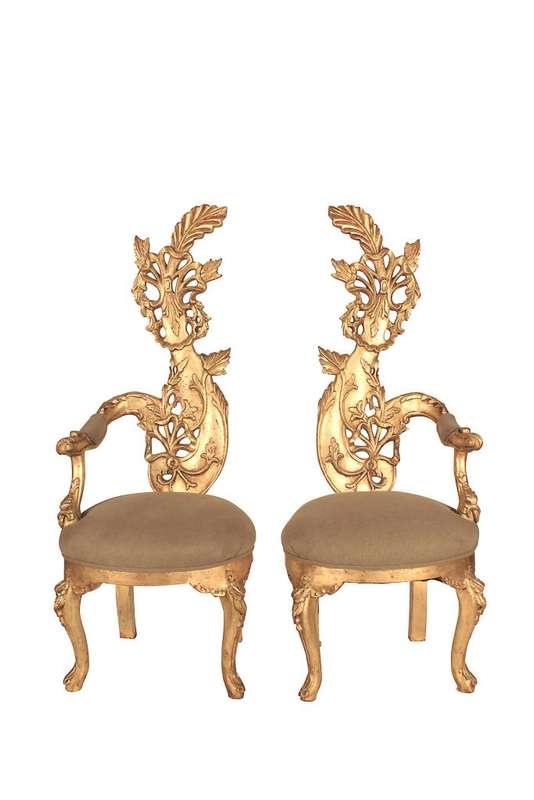 A Pair of Baroque Style Carved and Hand Gilded High Back Throne Chairs (upholstered in linen upho...