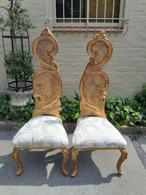 A 20th Century Rare Pair of Baroque Style Carved and Hand Gilded Throne Chairs Upholstered in a C...